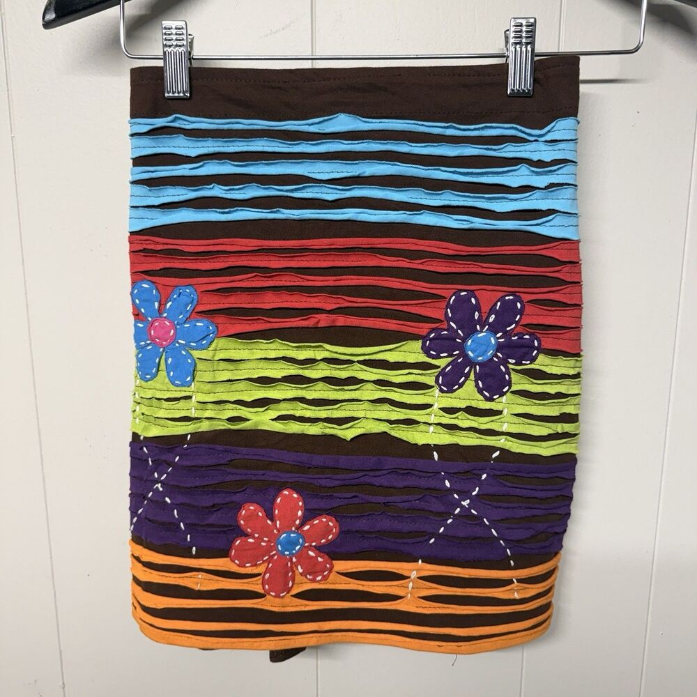 Boho Hippie Hand Stitch Flowers Patchwork Razor Cut Mini Skirt Cotton Size S EUC